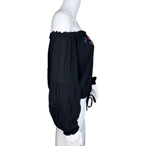 Hollister‎ Shirt Women Small Black Floral Embroidered Off Shoulder Boho Bohemian - Picture 2 of 8